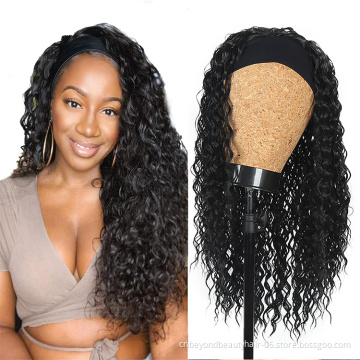 Kinky Culry wave Natural Black Headband wigs hair entension Elastic Synthetic Hair Wigs With Scarf For Black Women